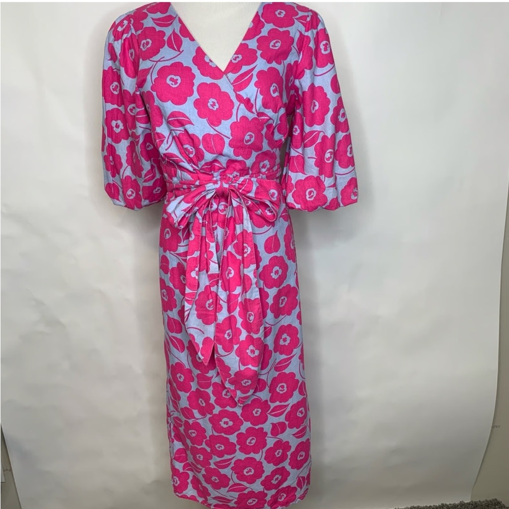 Charter Club Pink Blue Mod Floral Pattern Wrap Dress Linen Blend